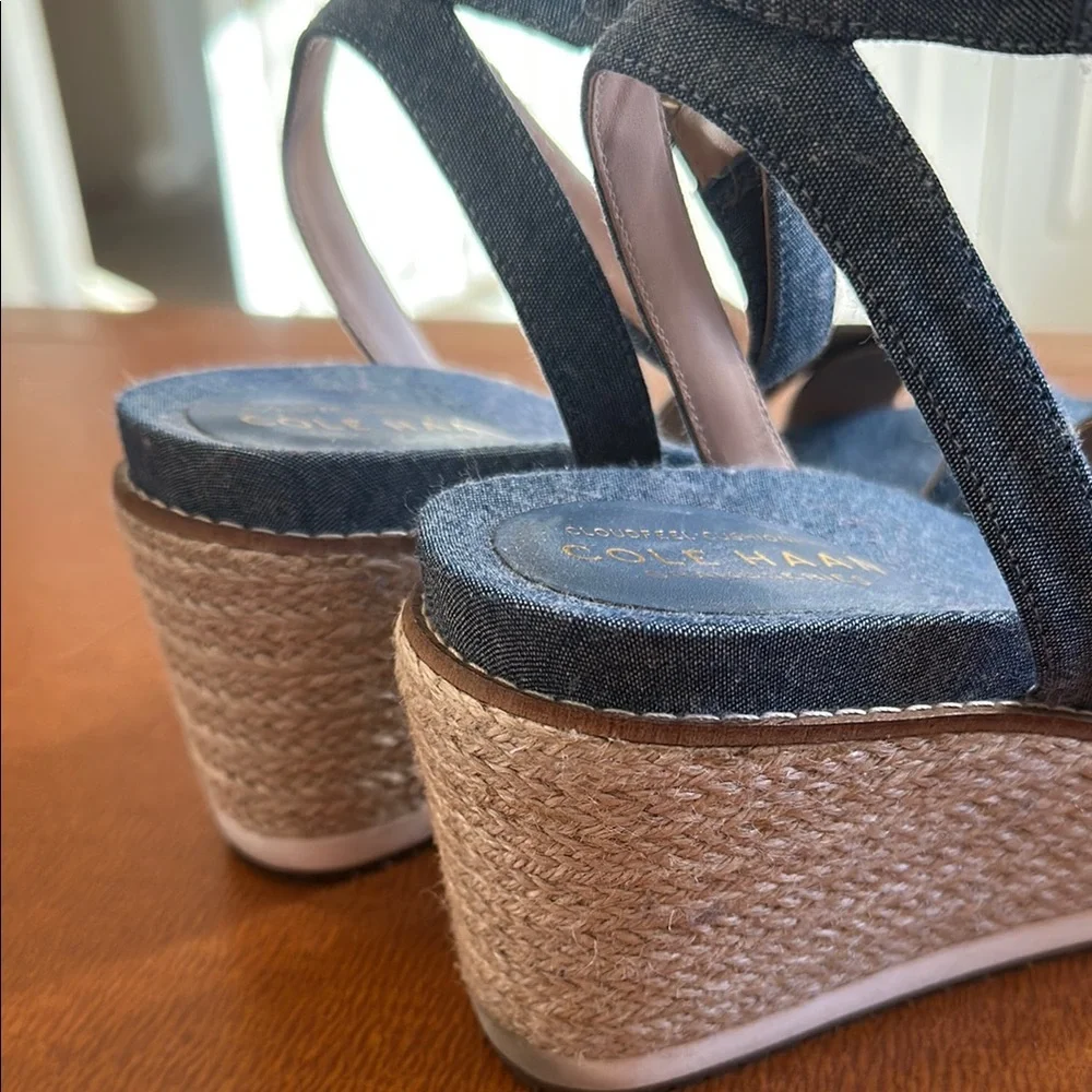 Cole Haan Denim-Look Blue Espadrille Wedge Sandals
